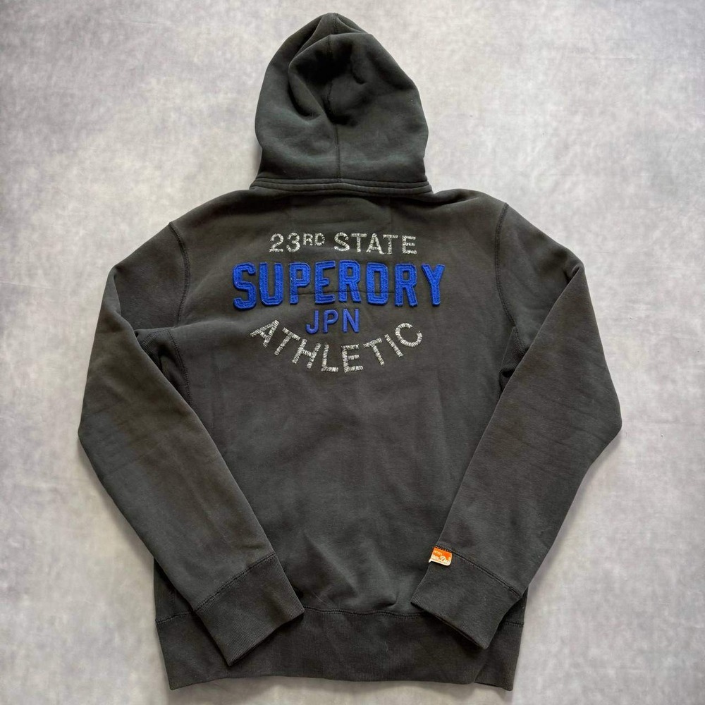 Superdry JPN Athletic Zip Hoodie Mens M Charcoal Grey Chenille Applique Y2K
